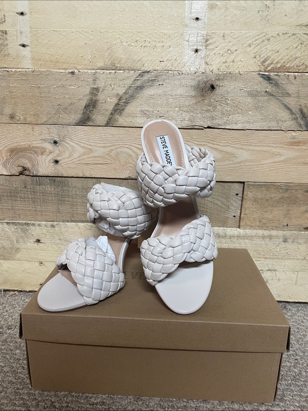 Steve Madden size 10 Twisted Braided Double-Strap Slide Sandals 5” Heel — Bone